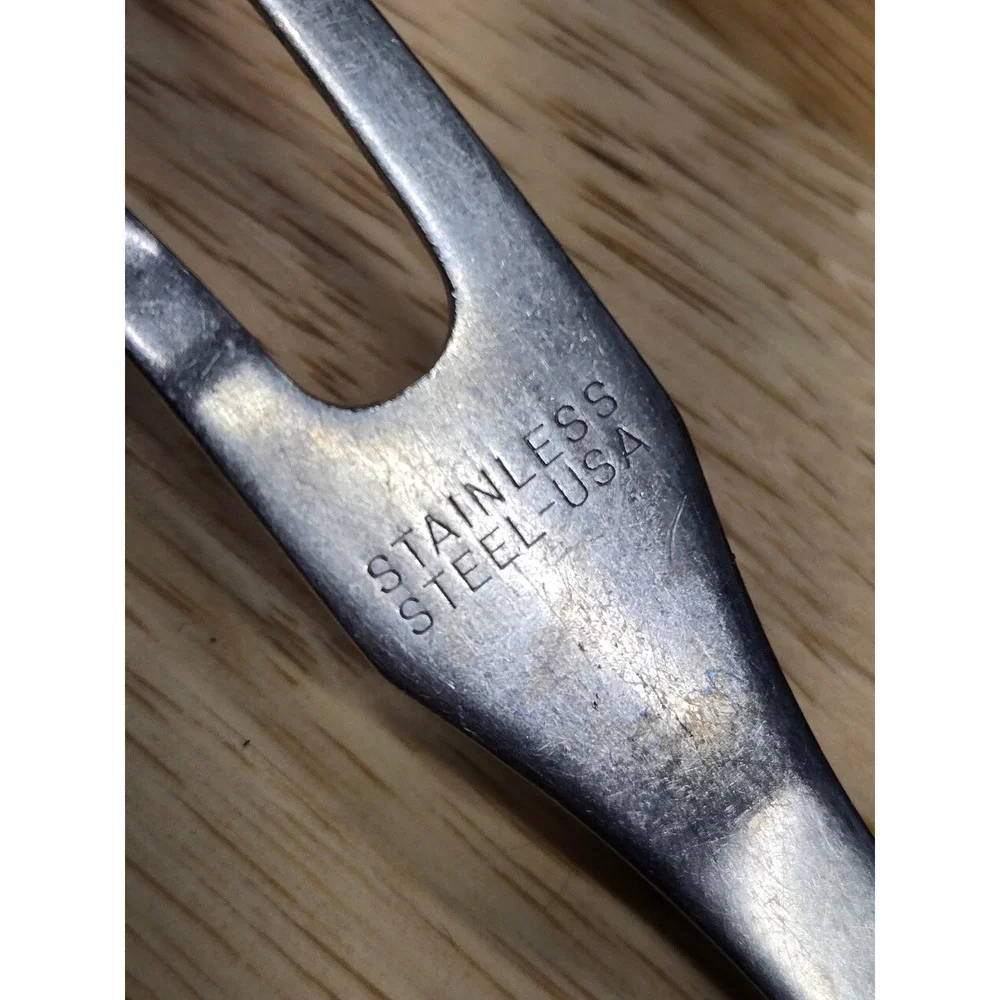Vintage Stainless Steel USA Meat Carving Fork Wood Handle Brass Rivets 9.5 Inch